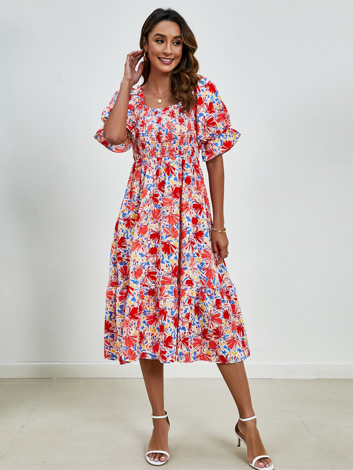 Smocked Floral Square Neck Short Sleeve Dress   