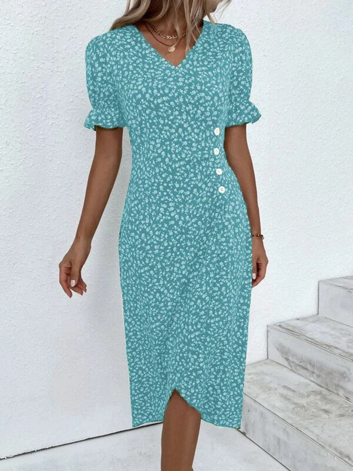 Full Size Printed Surplice Flounce Sleeve Midi Dress Aqua S 