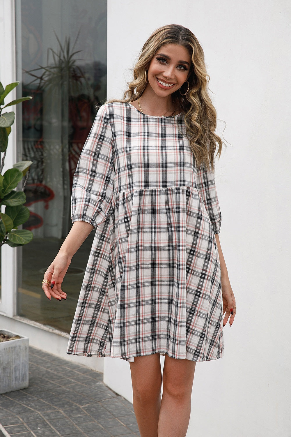 Plaid Round Neck Mini Dress Black S 