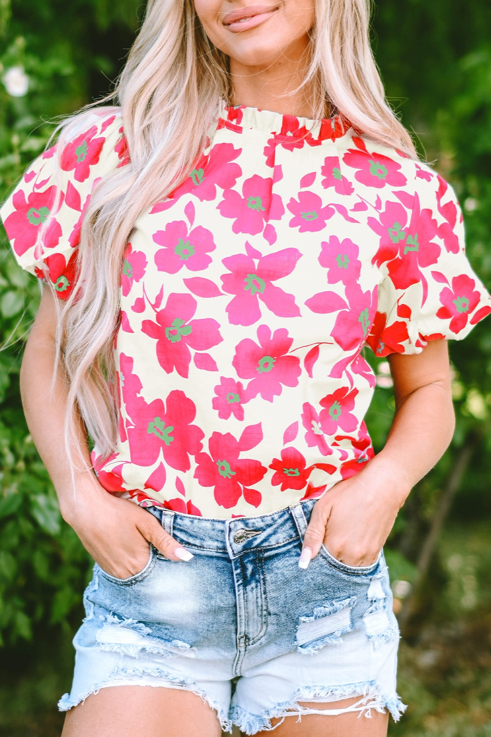 Printed Mock Neck Puff Sleeve Blouse Strawberry M 