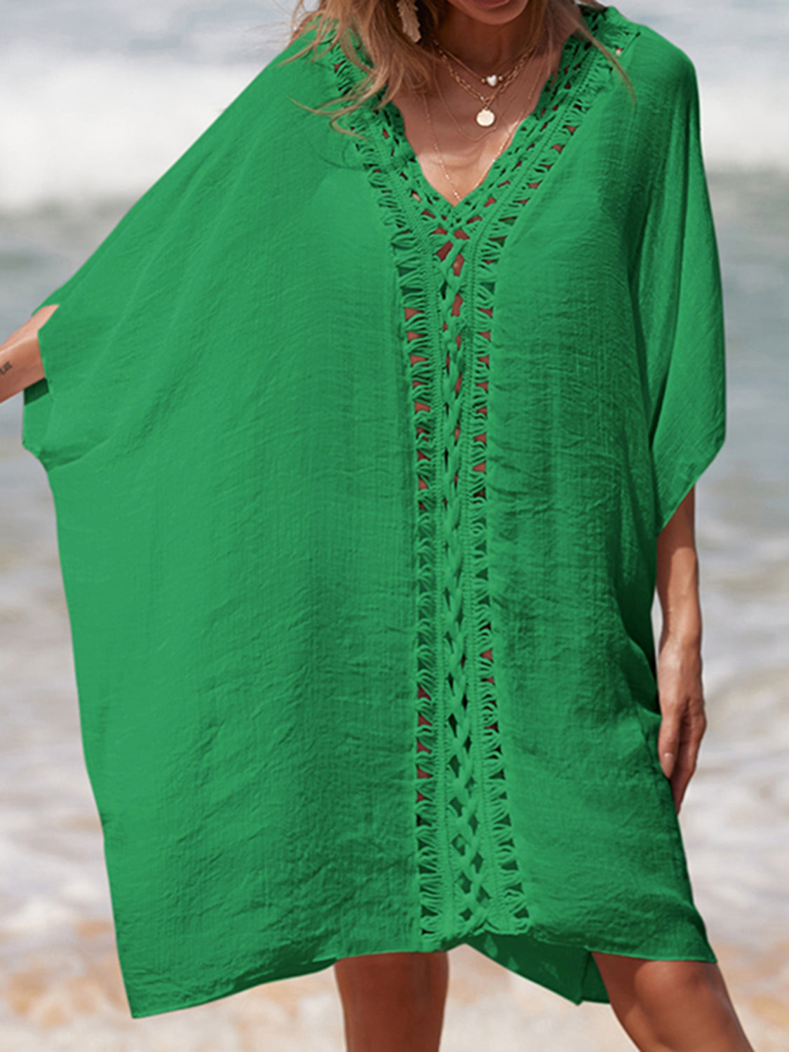 Cutout V-Neck Three-Quarter Sleeve Cover Up   