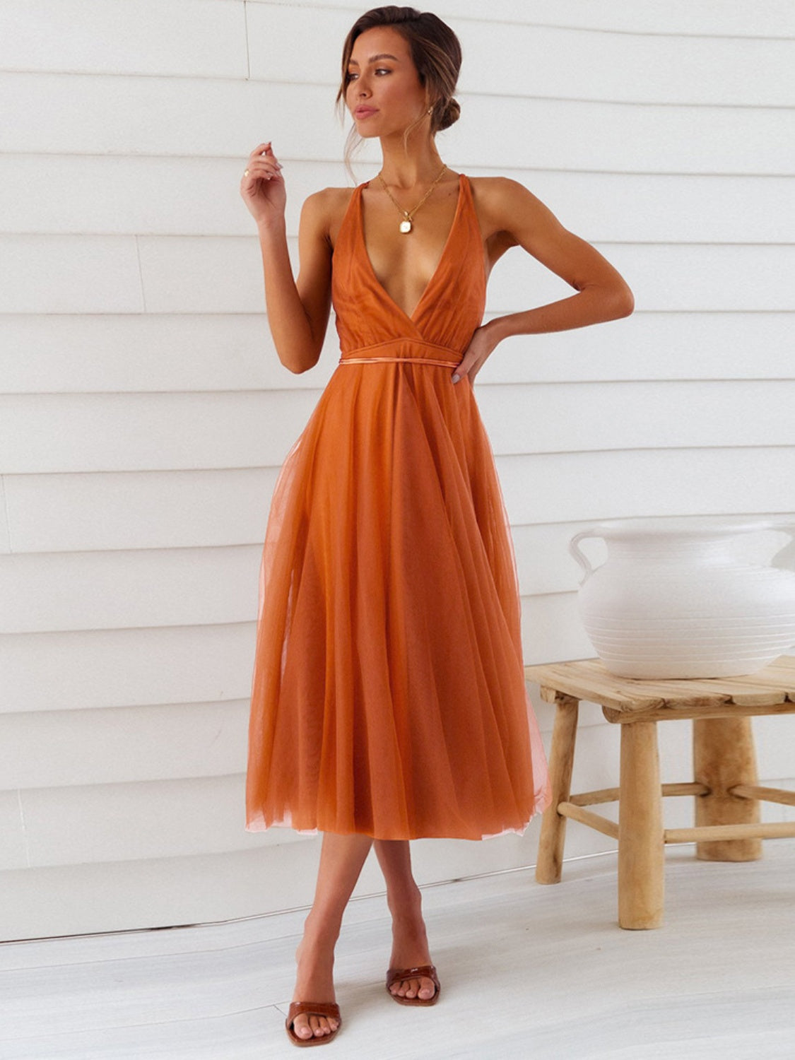 Backless Crisscross Sleeveless Midi Dress Terracotta S 