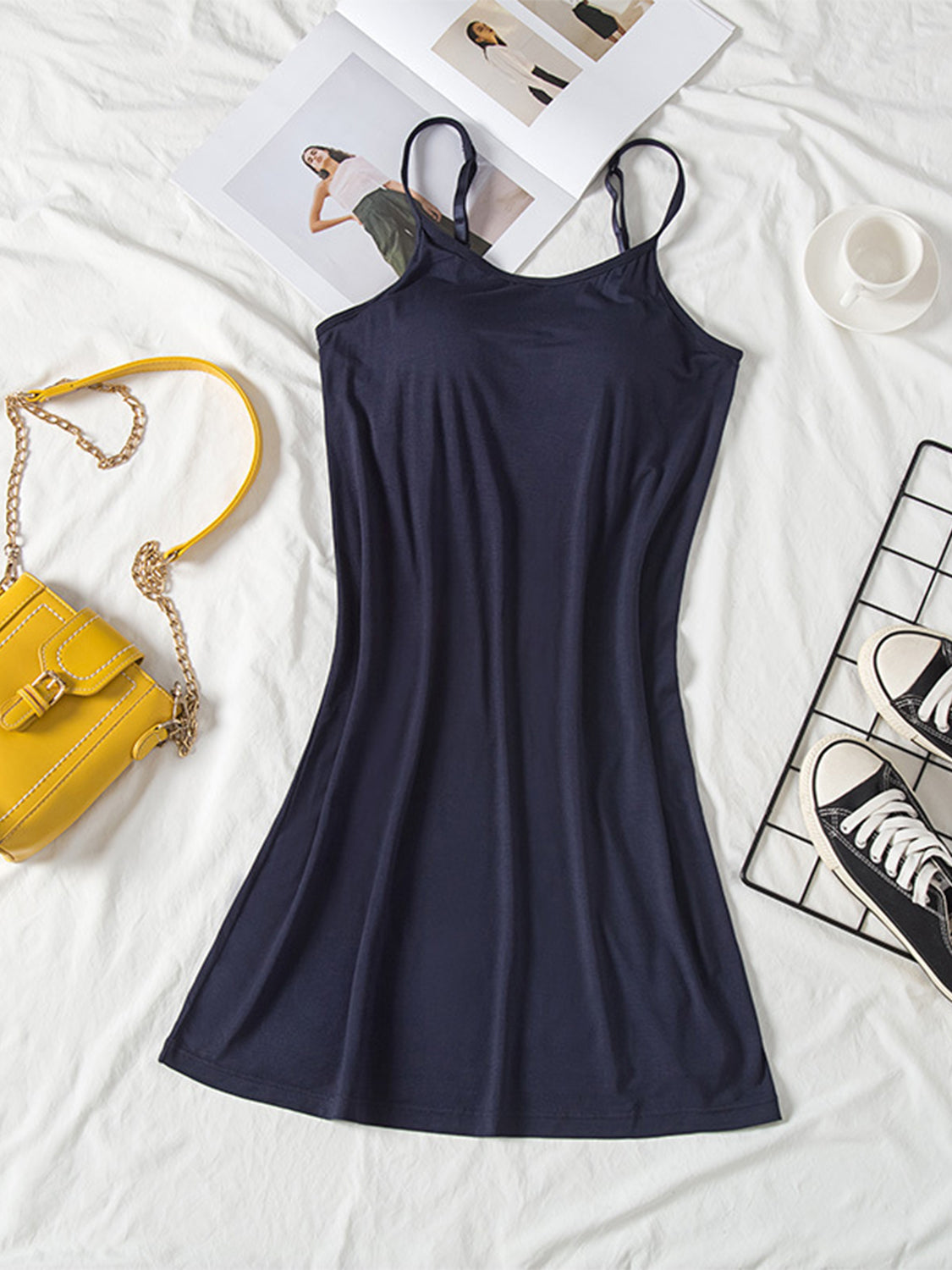 Round Neck Spaghetti Strap Cami Dress with Bra Dark Navy M 