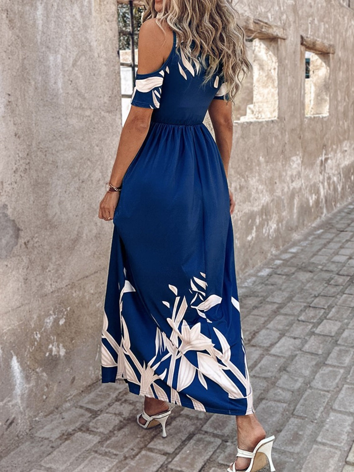 Printed Cold Shoulder Short Sleeve Maxi Dress   