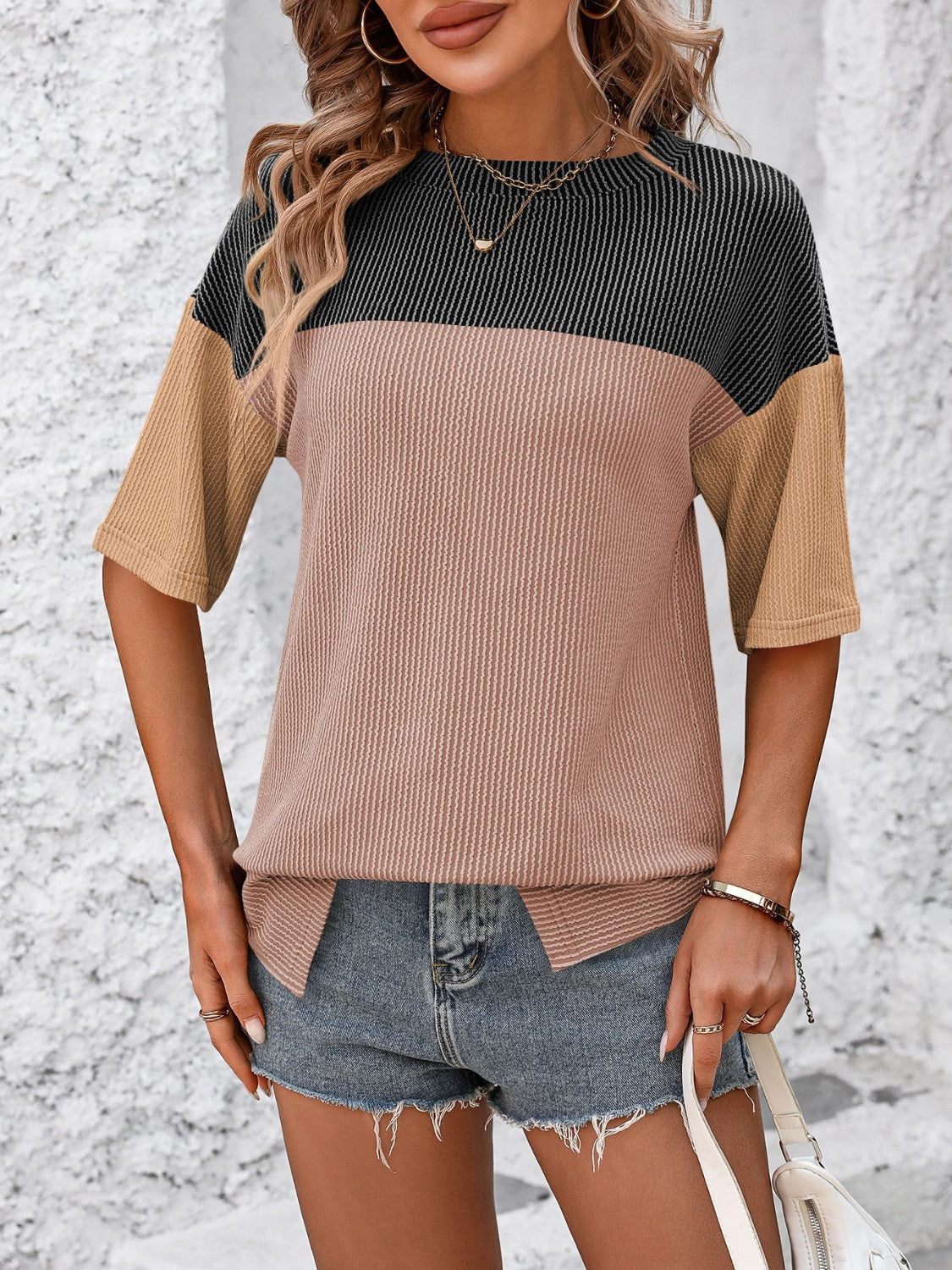 STUNNLY  Color Block Round Neck Half Sleeve T-Shirt   