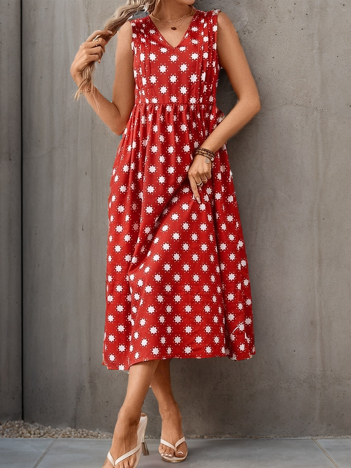 Printed V-Neck Sleeveless Midi Dress   