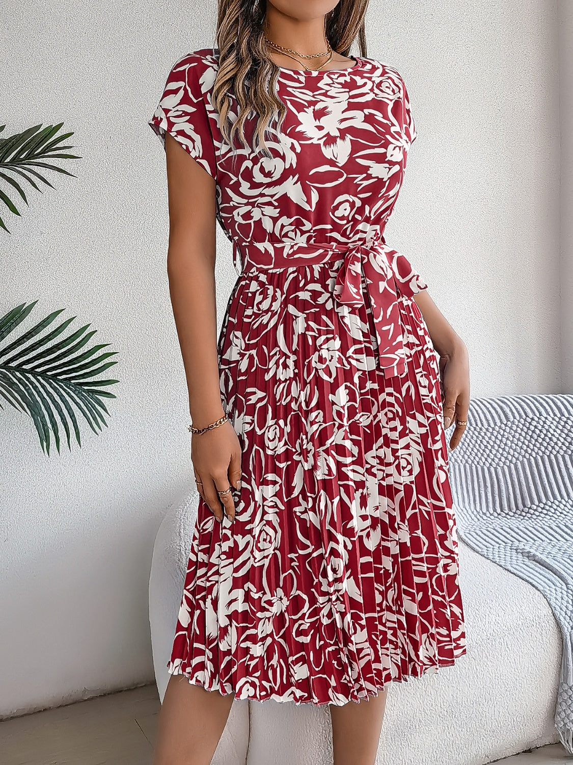 Tied Pleated Printed Short Sleeve Dress Burgundy S 