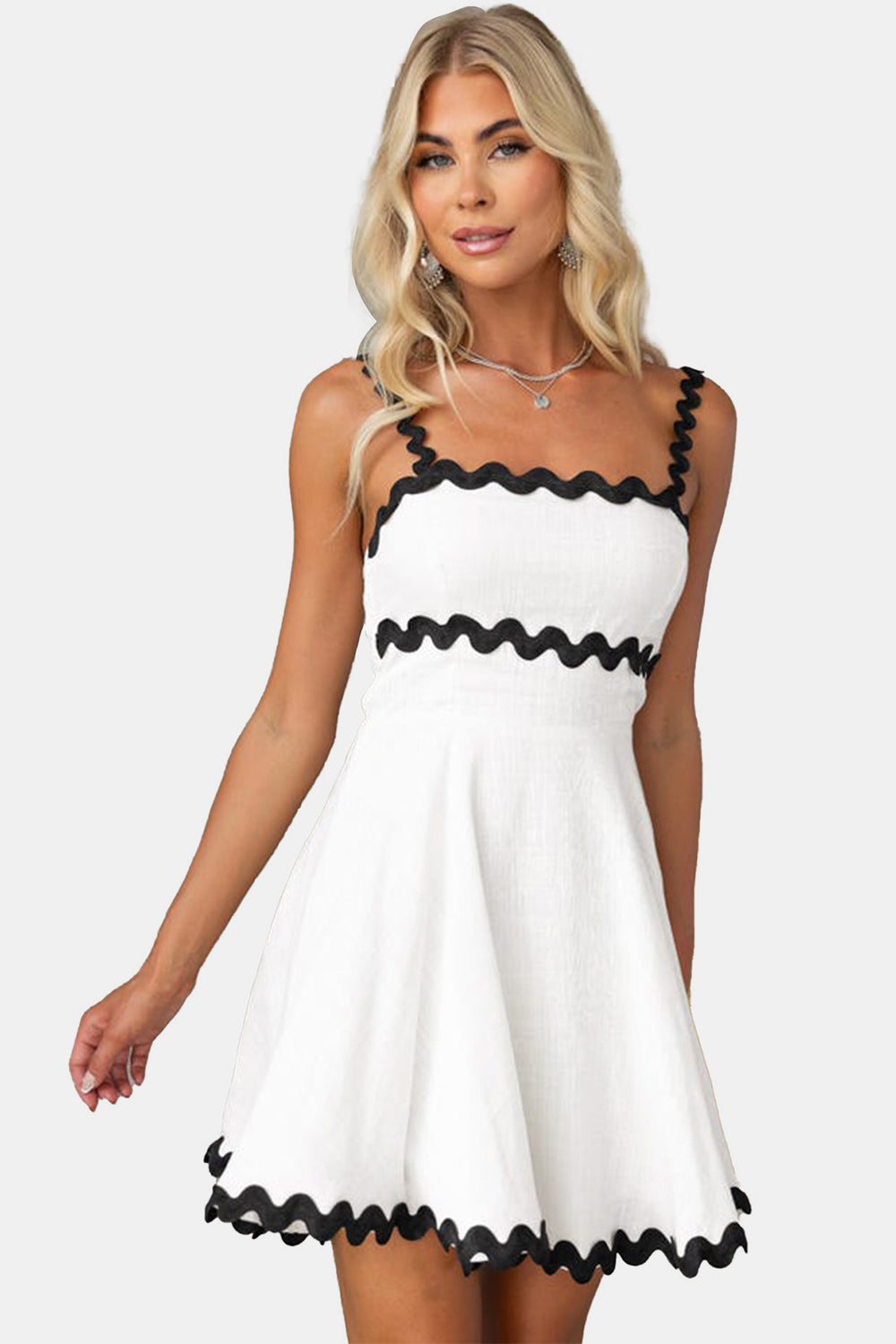 Contrast Trim Square Neck Mini Dress White S 