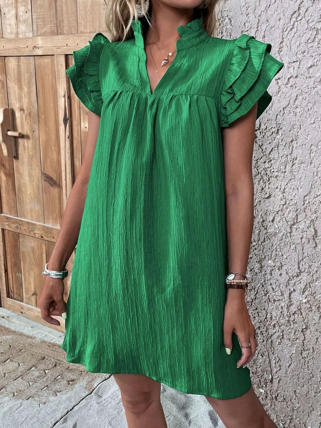 Ruffled Notched Cap Sleeve Mini Dress Green S 