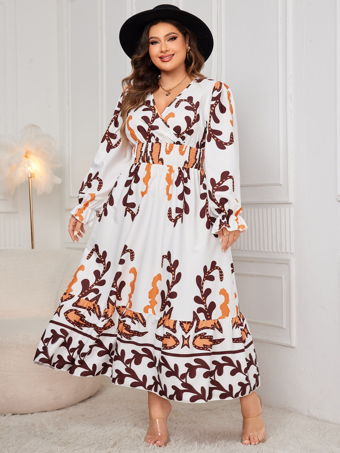 Plus Size Printed Surplice Flounce Sleeve Dress   