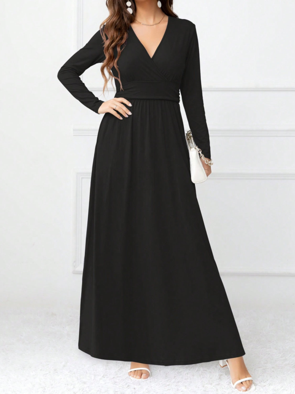 Pocketed Surplice Long Sleeve Maxi Dress Black S 