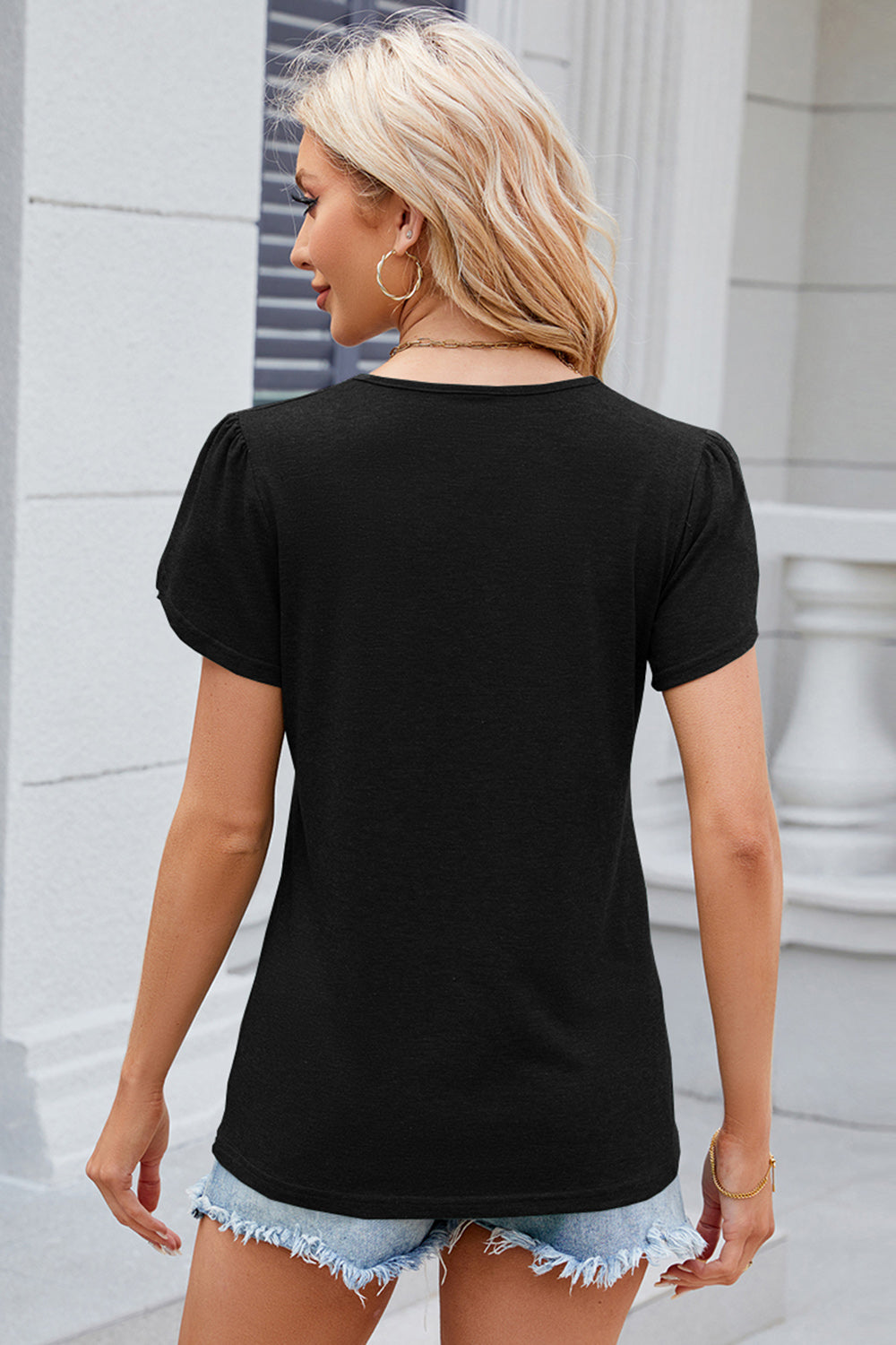 STUNNLY  Decorative Button V-Neck Short Sleeve T-Shirt   