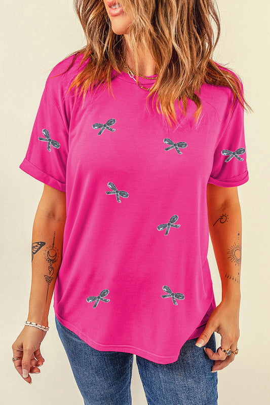 STUNNLY  Sequin Bow Round Neck Short Sleeve T-Shirt Hot Pink S 