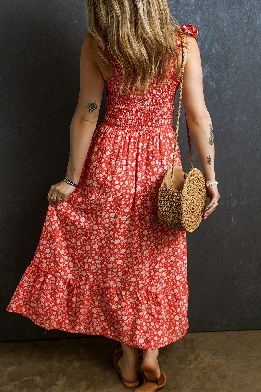 Smocked Printed Tie Shoulder Dress   