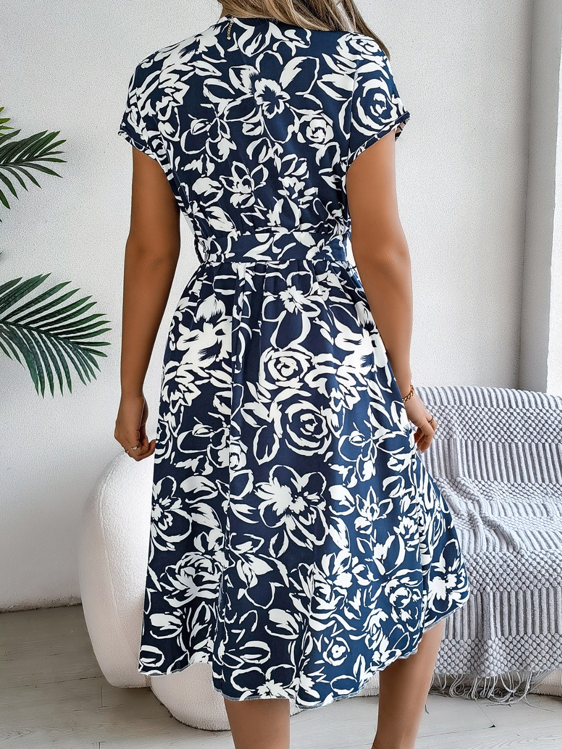 Printed V-Neck Short Sleeve Dress   