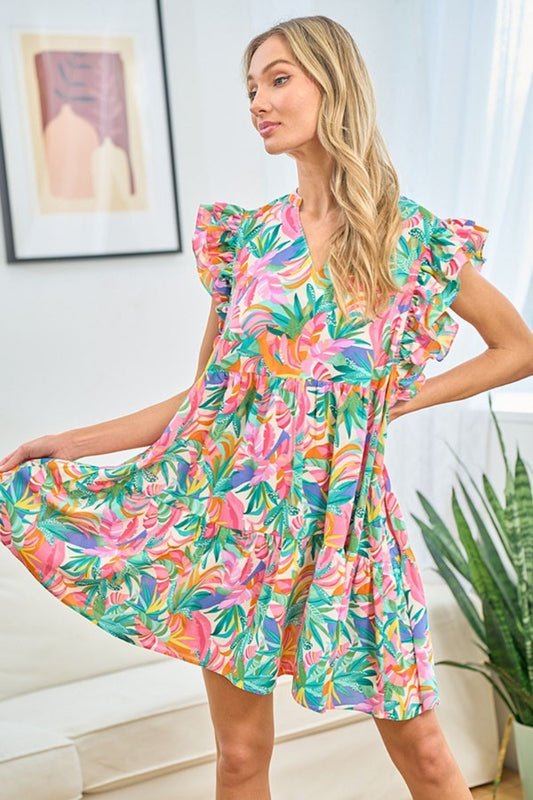 First Love Ruffled Printed Notched Cap Sleeve Dress Multi S 