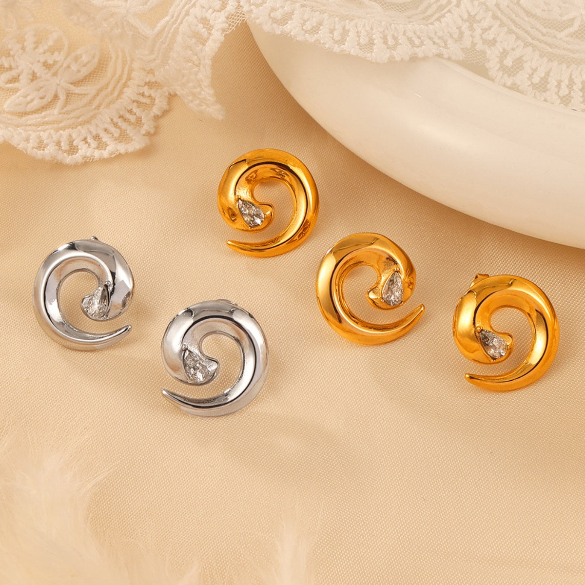 Titanium Steel Zircon Spiral Shape Earrings   