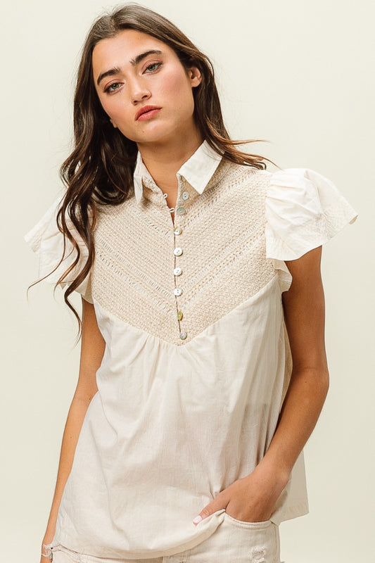 BiBi Half Button Collared Neck Short Sleeve Top Ivory S 