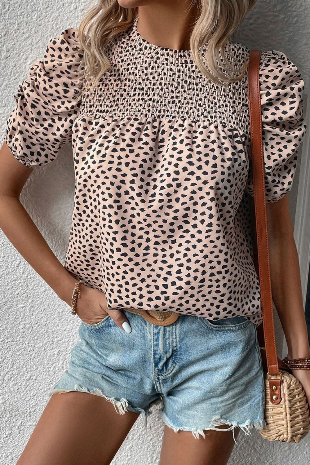 STUNNLY  Smocked Animal Print Puff Sleeve Blouse   