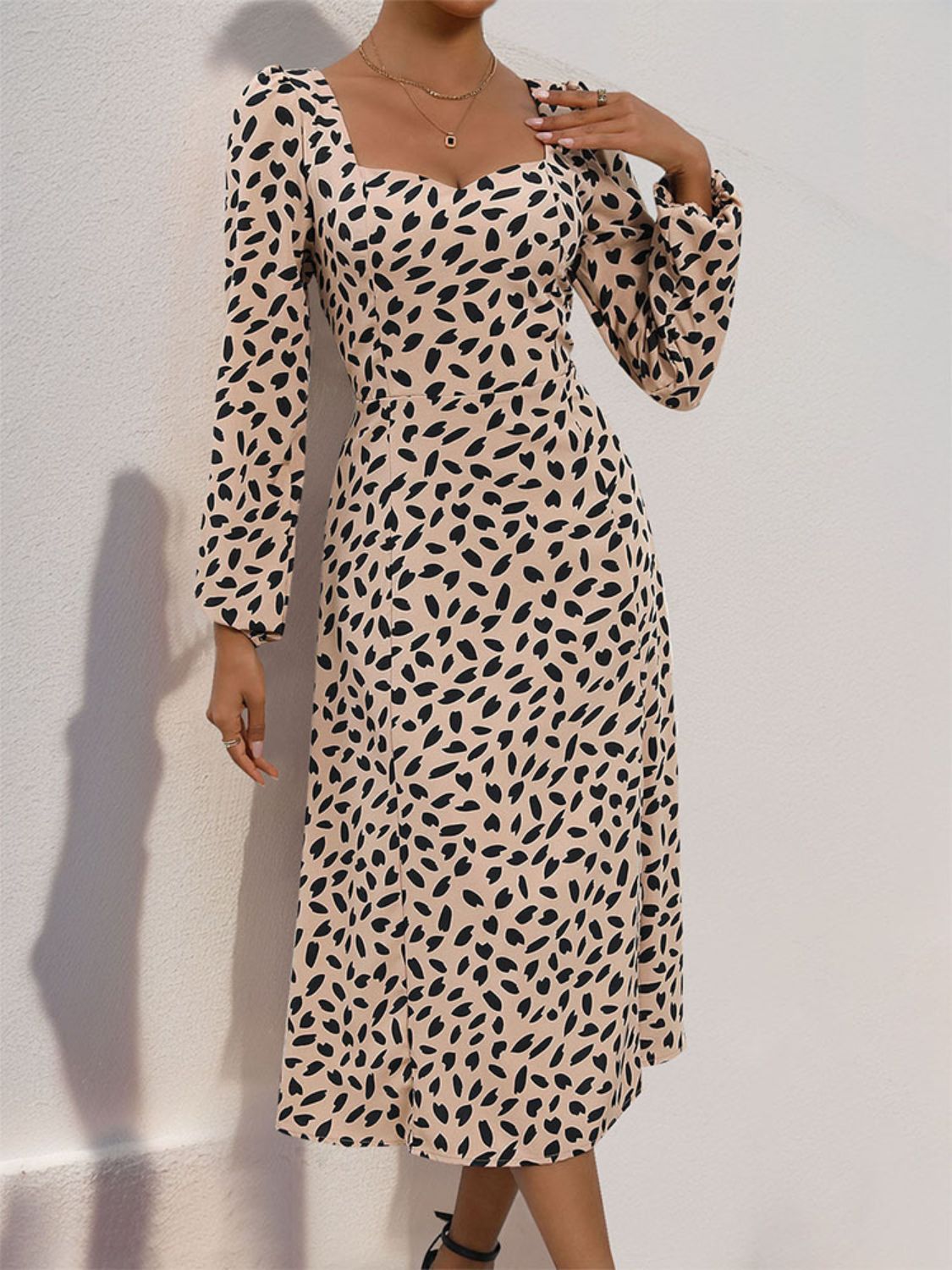 Tied Slit Printed Long Sleeve Midi Dress   