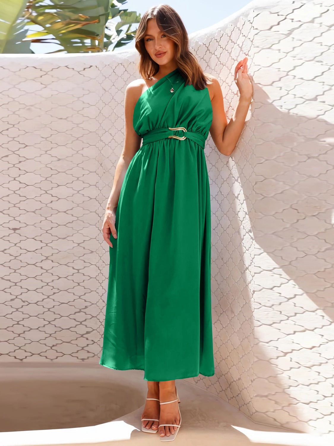 Single Shoulder Midi Dress Dark Green S 