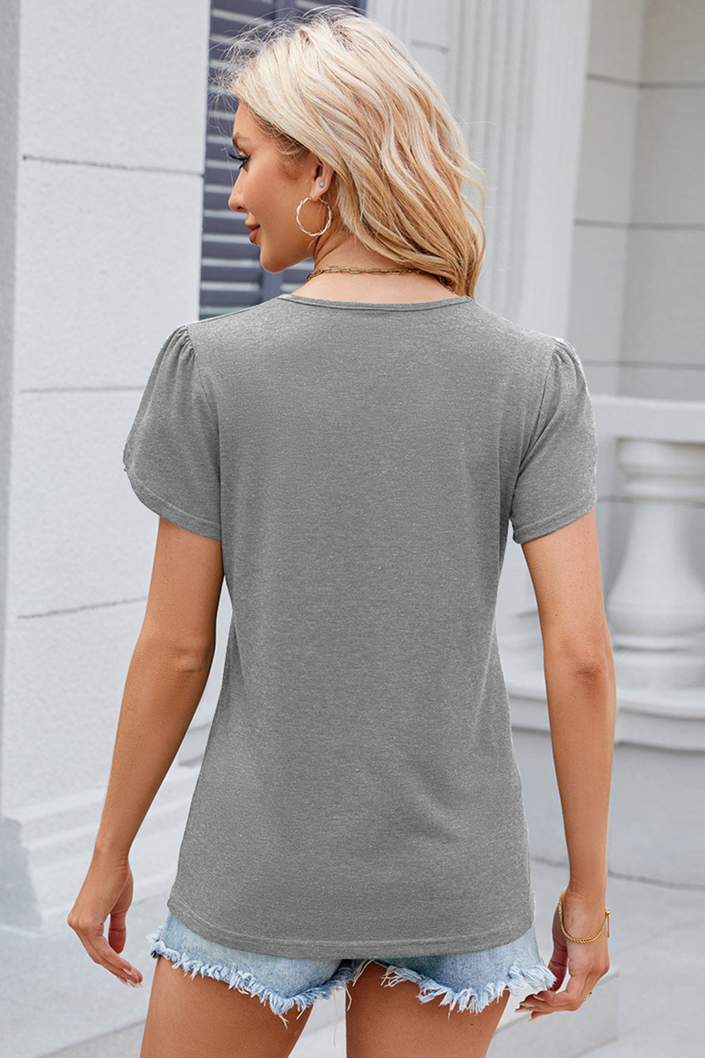 STUNNLY  Decorative Button V-Neck Short Sleeve T-Shirt   