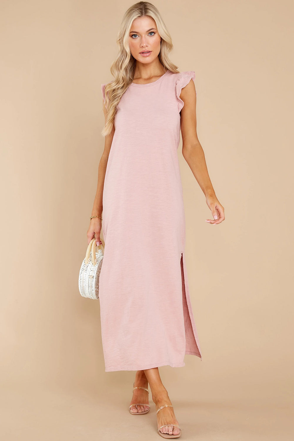 Ruffled Slit Round Neck Cap Sleeve Dress   