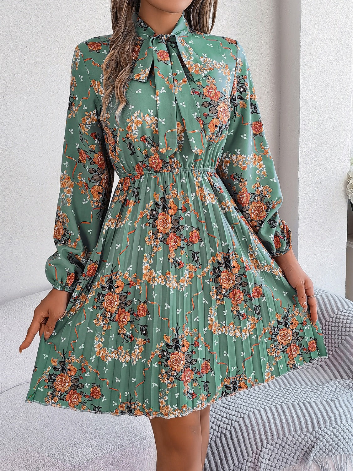 Pleated Printed Tie Neck Long Sleeve Dress Sage S 