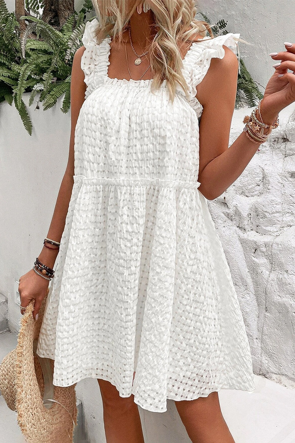 Ruffled Square Neck Wide Strap Dress   