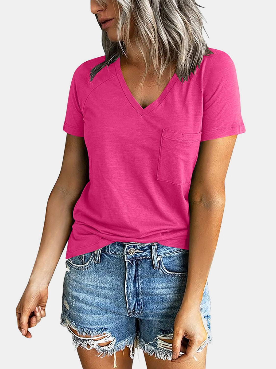 STUNNLY  Pocketed V-Neck Short Sleeve T-Shirt   