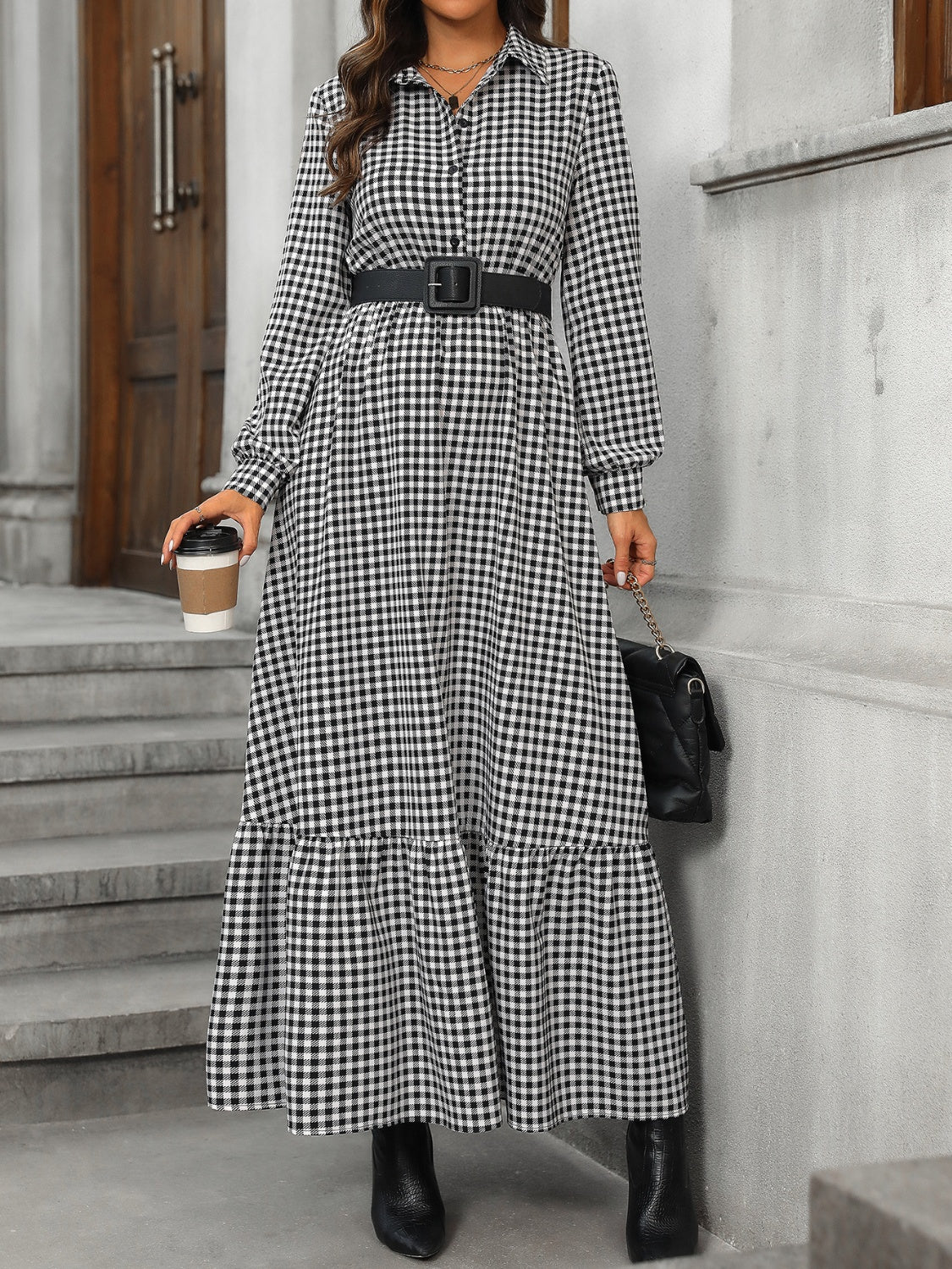 Ruffle Hem Plaid Long Sleeve Dress   