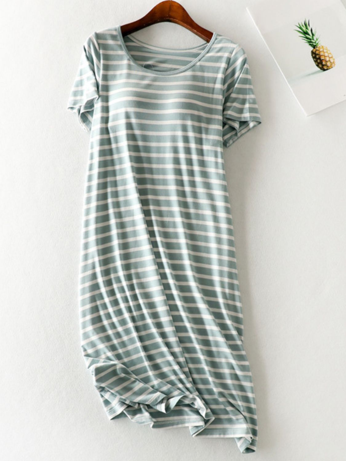 Striped Round Neck Short Sleeve Dress Green/White M 