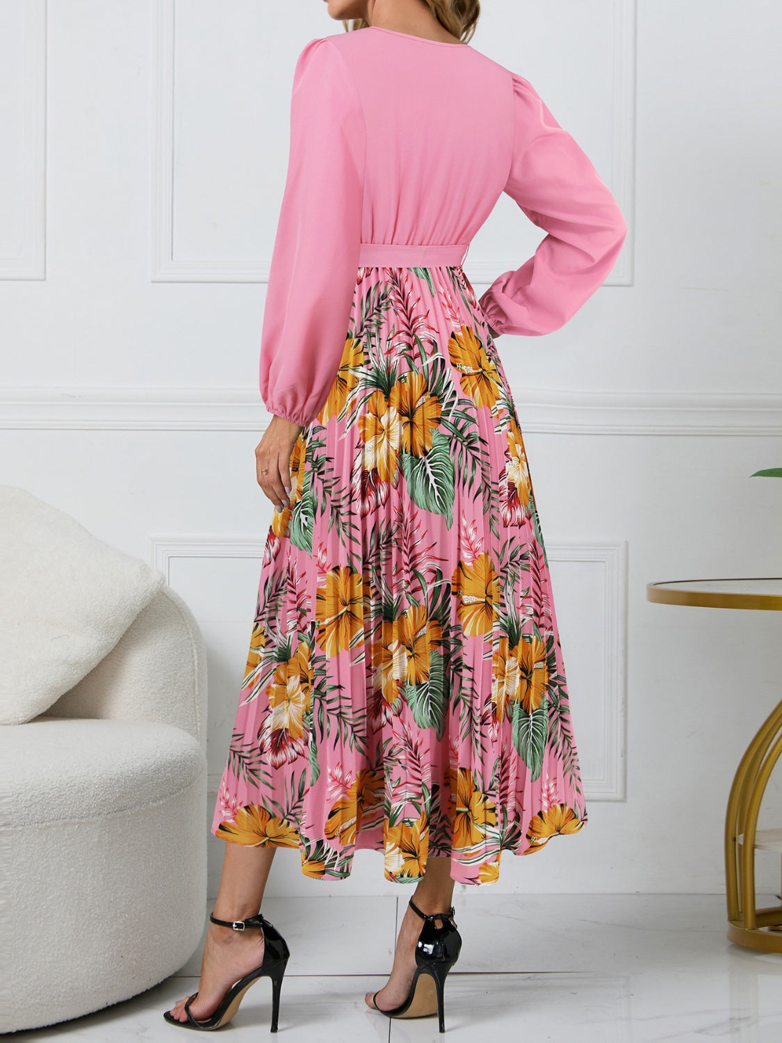 Pleated Printed Surplice Long Sleeve Dress   