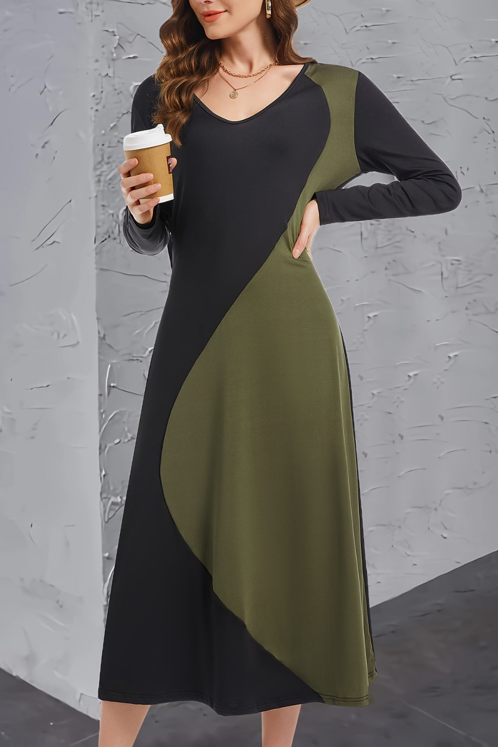 Contrast Long Sleeve Midi Dress Army Green S 