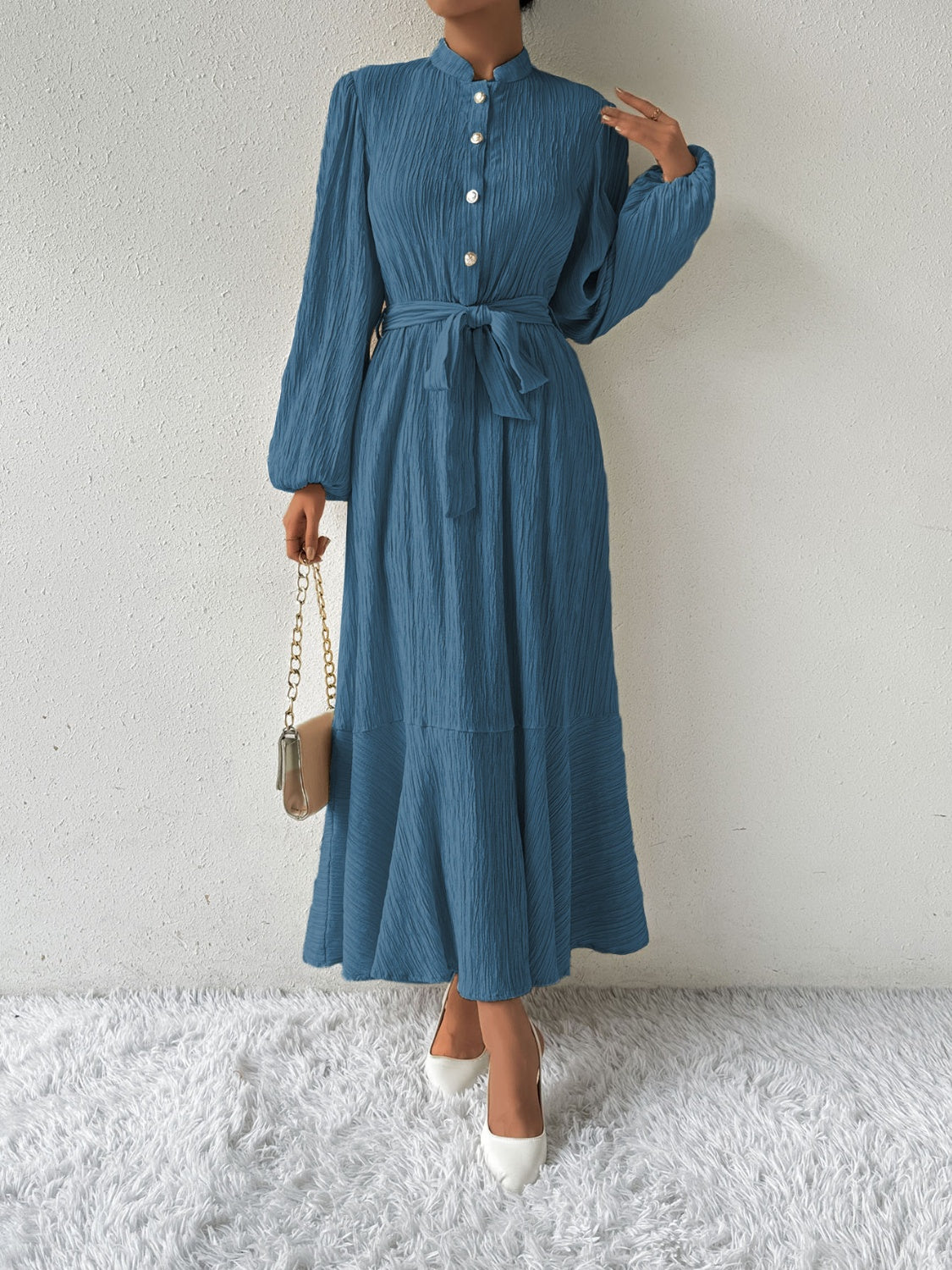 Tie Waist Long Sleeve Dress Deep Teal S 