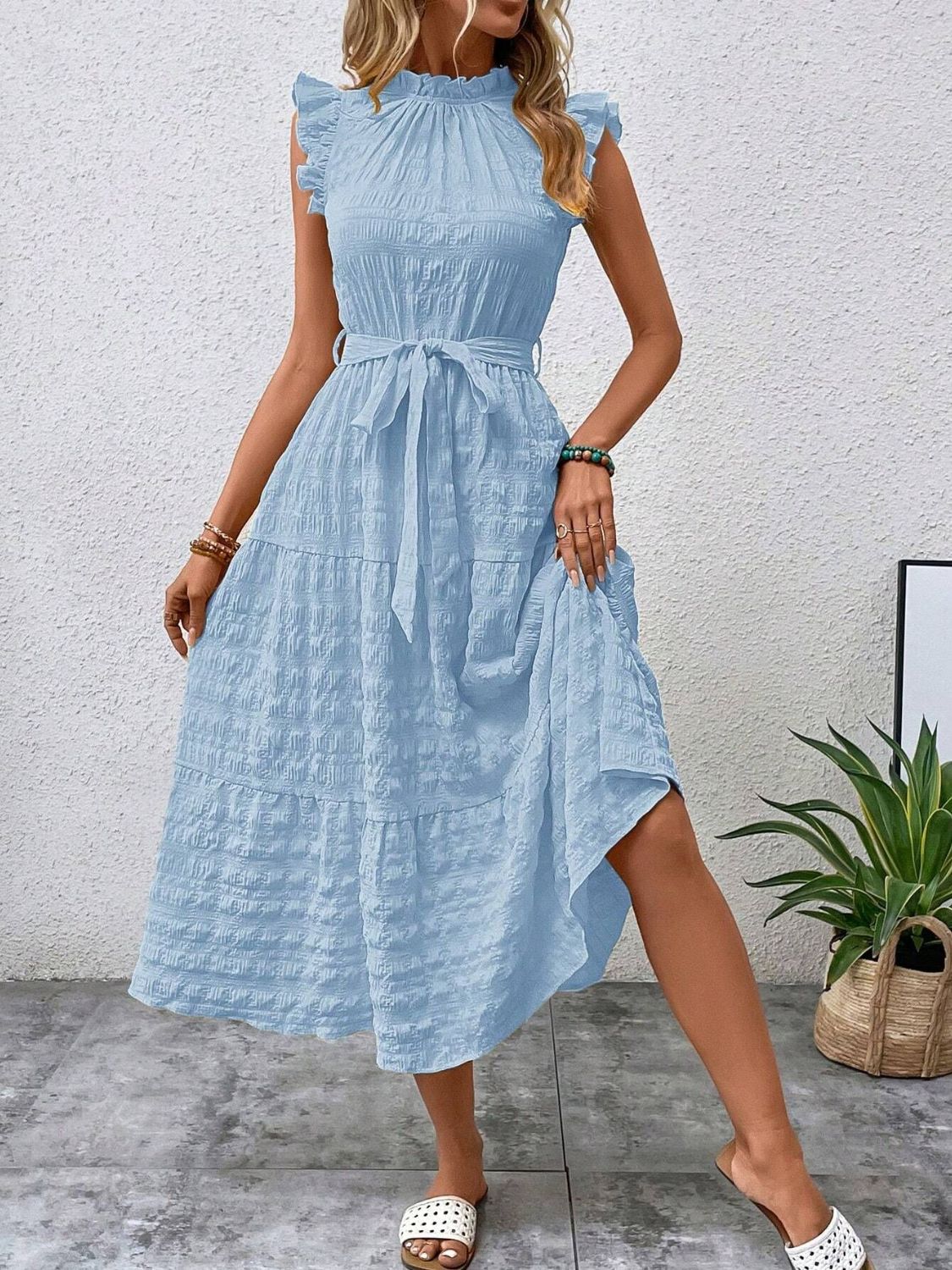 Tied Ruffled Cap Sleeve Midi Dress Mint Blue S 