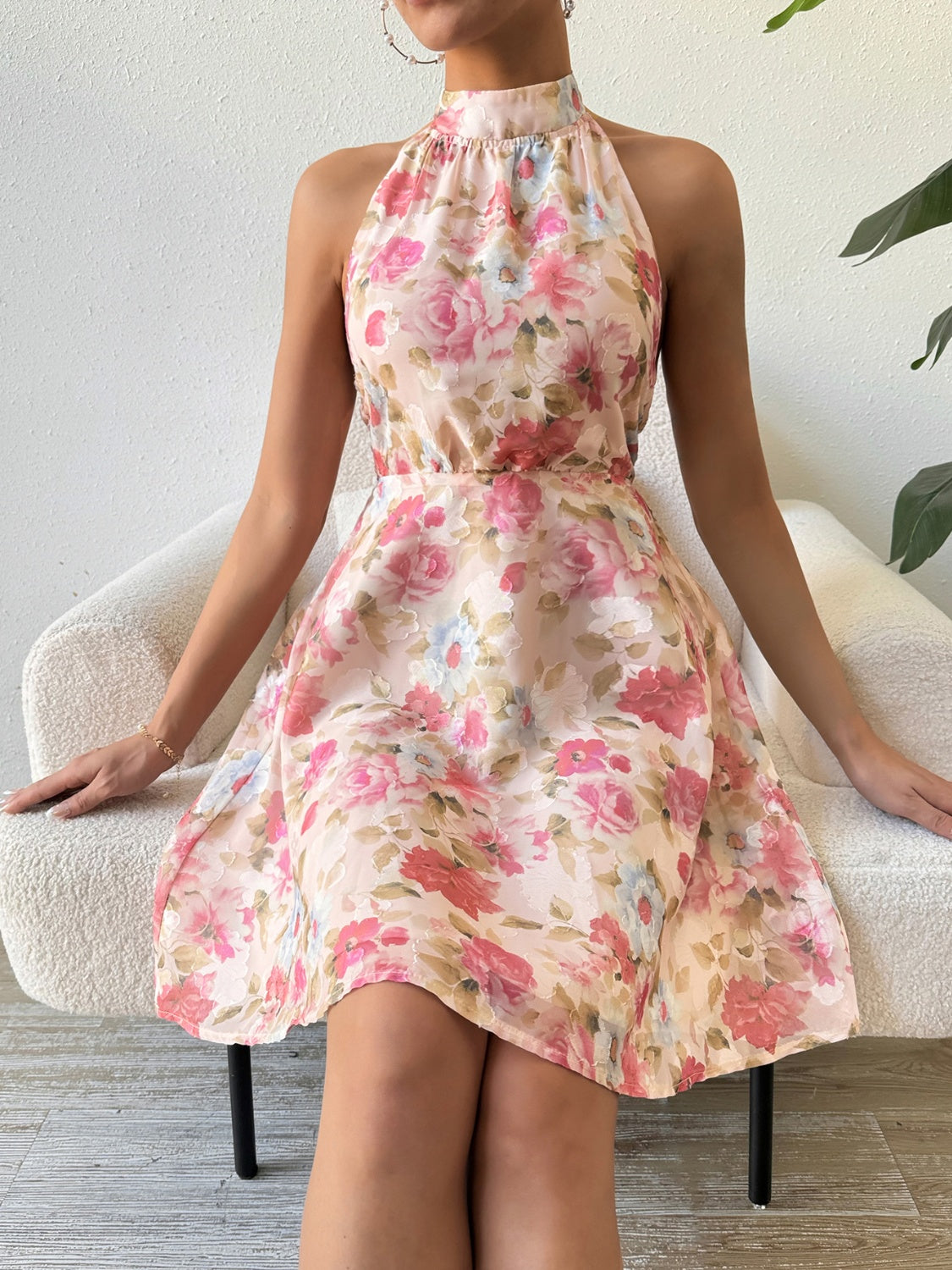 Printed Halter Neck Sleeveless Dress   