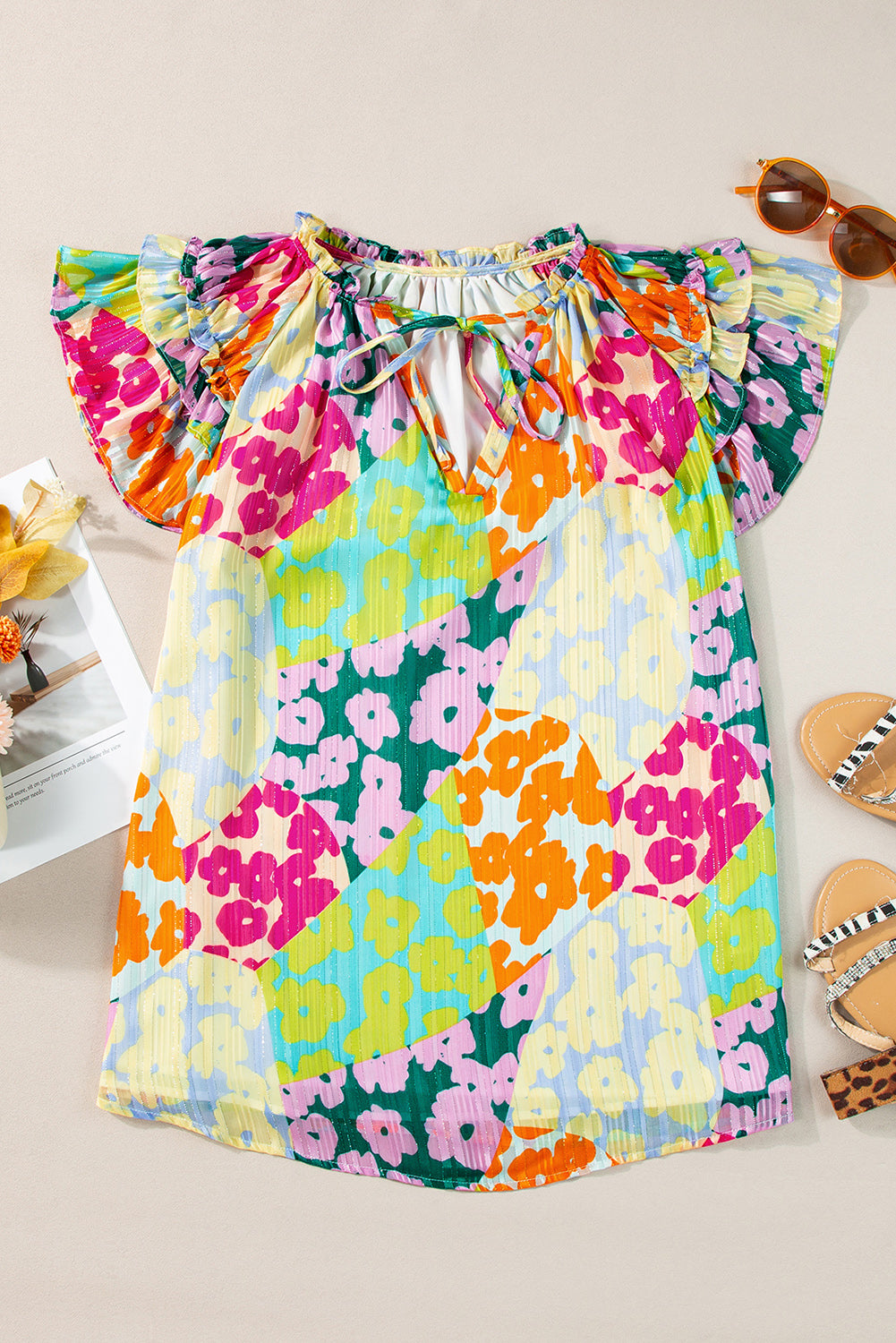 STUNNLY  Ruffled Printed Tie Neck Cap Sleeve Blouse   