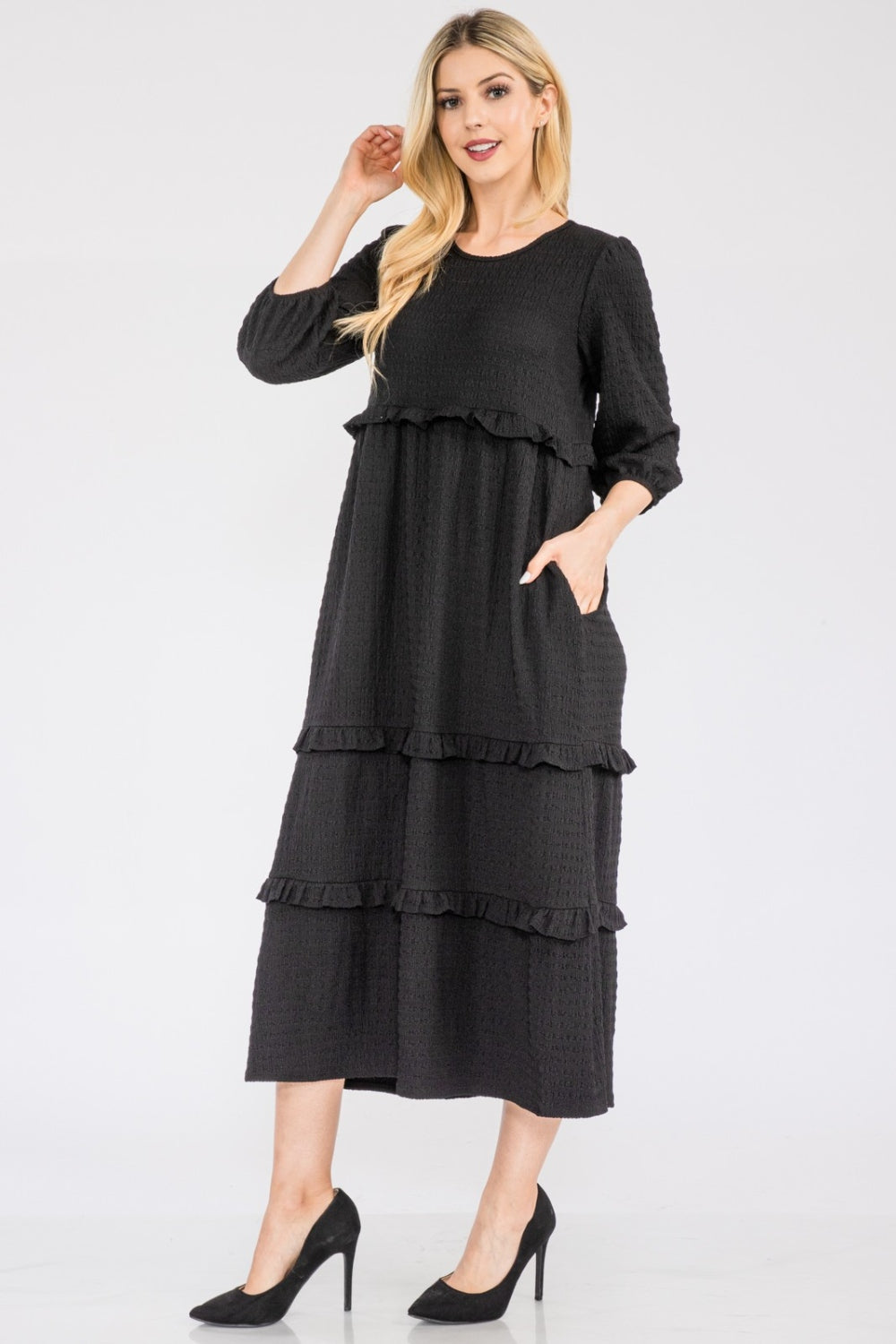 Celeste Full Size Tiered-Ruffle Midi Dress Black S 