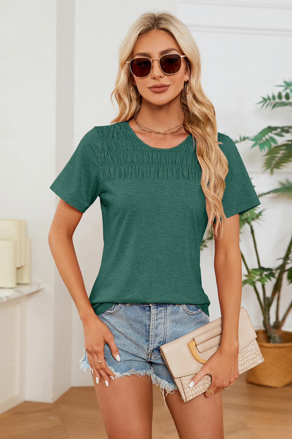 STUNNLY  Ruched Round Neck Short Sleeve T-Shirt Green S 