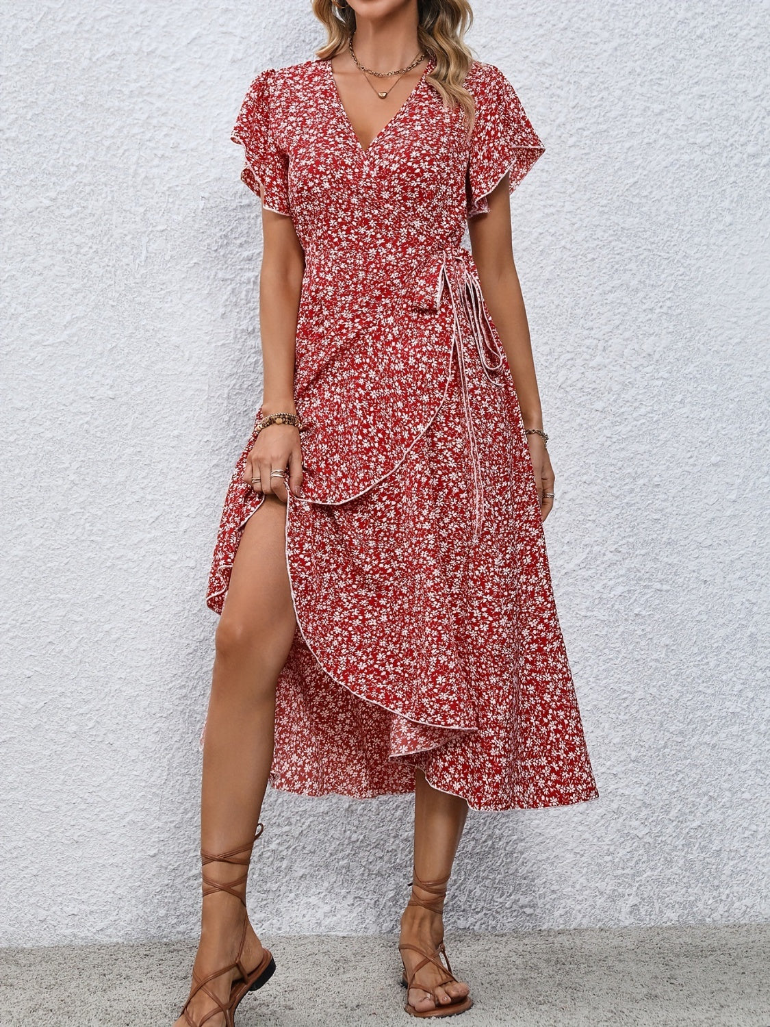 Printed Surplice Flutter Sleeve Midi Dress   