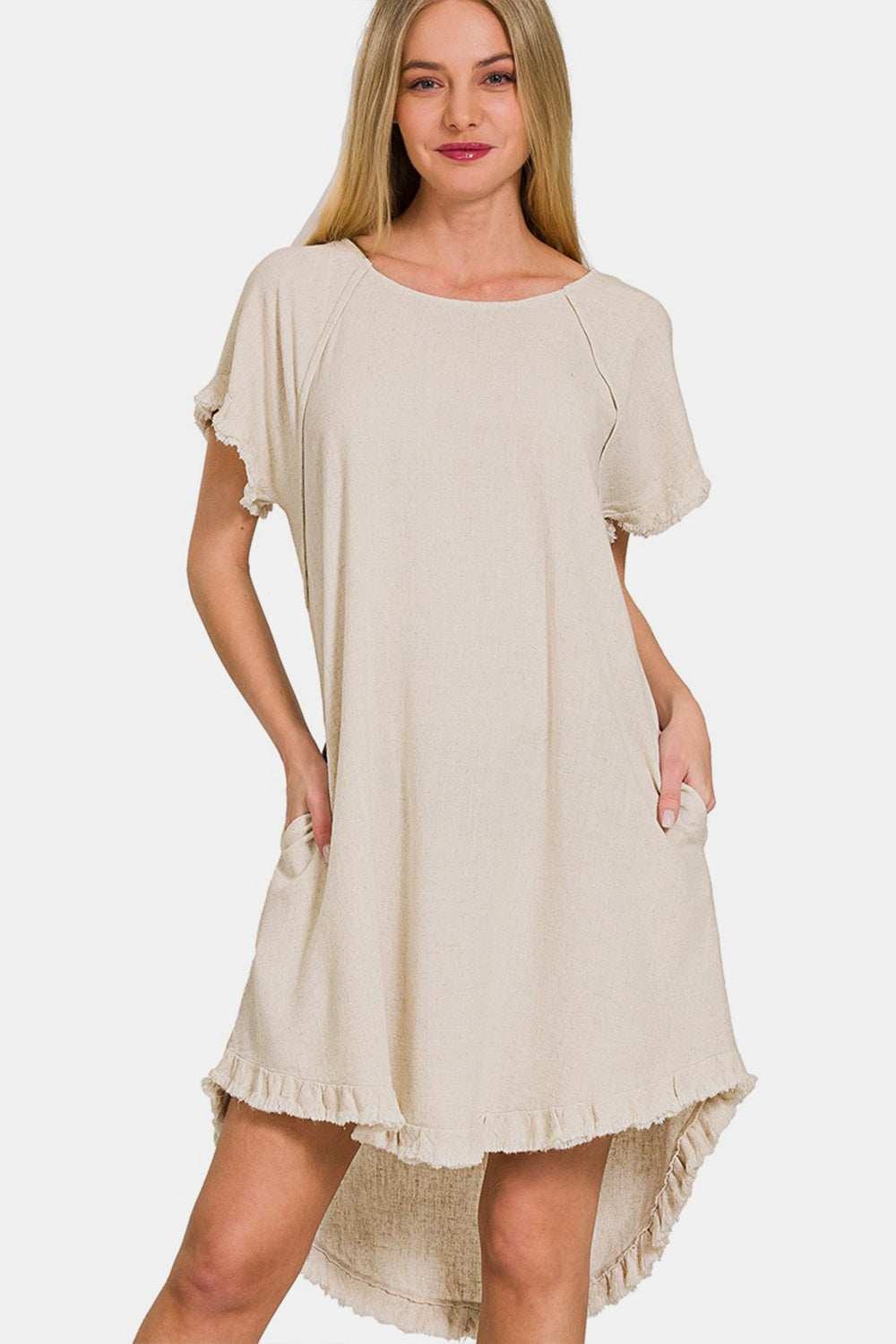 Zenana Fringe Edge High Low Flowy Dress with Pockets Beige S 