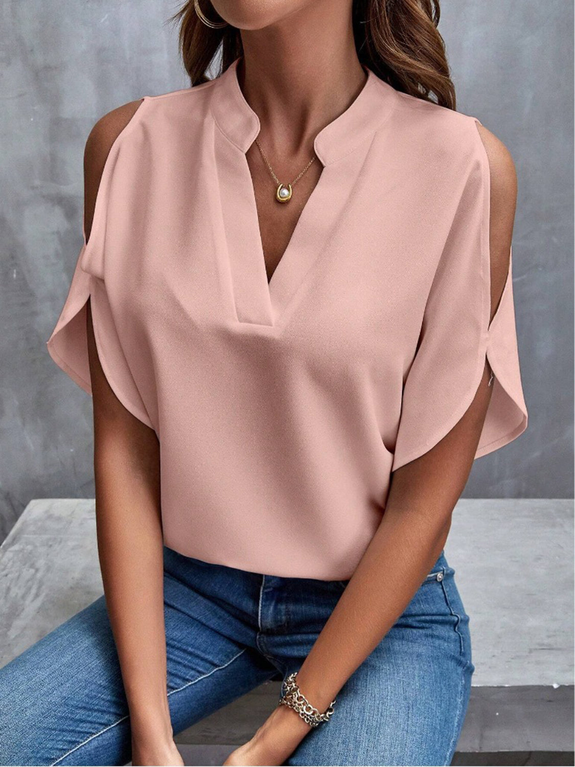 Notched Cold Shoulder Half Sleeve Blouse   