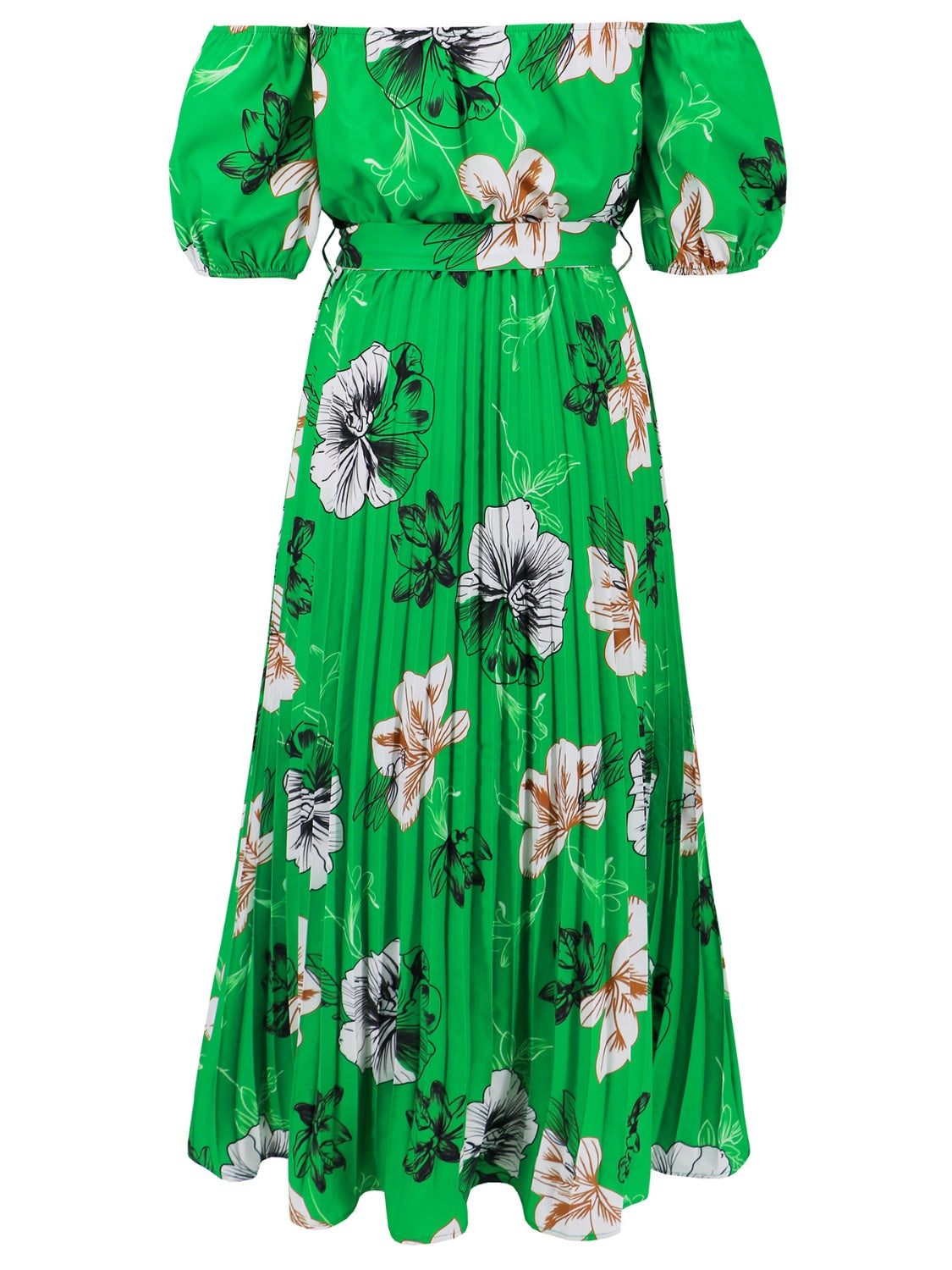 Pleated Floral Off-Shoulder Short Sleeve Midi Dress   