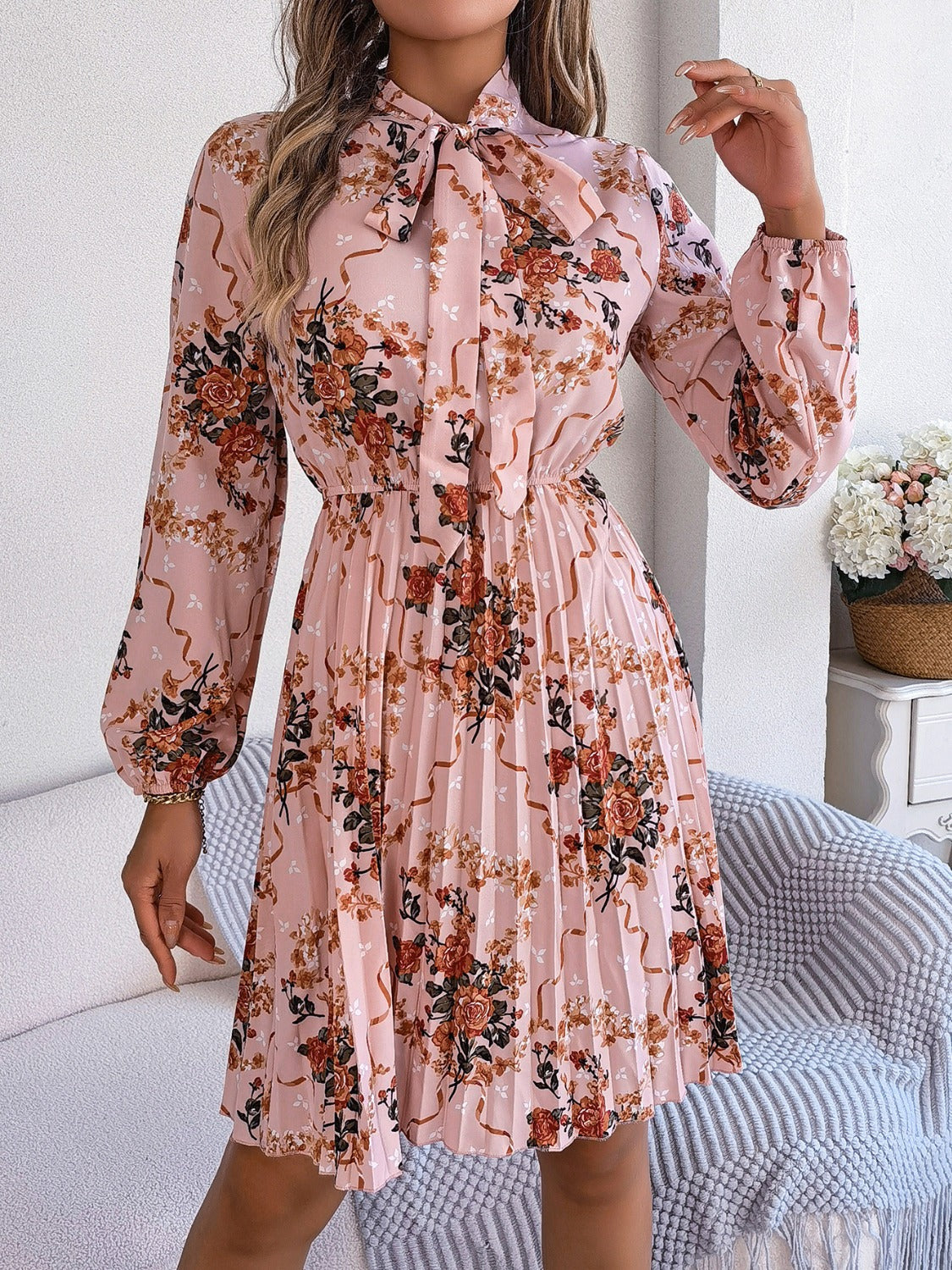 Pleated Printed Tie Neck Long Sleeve Dress Dusty Pink S 