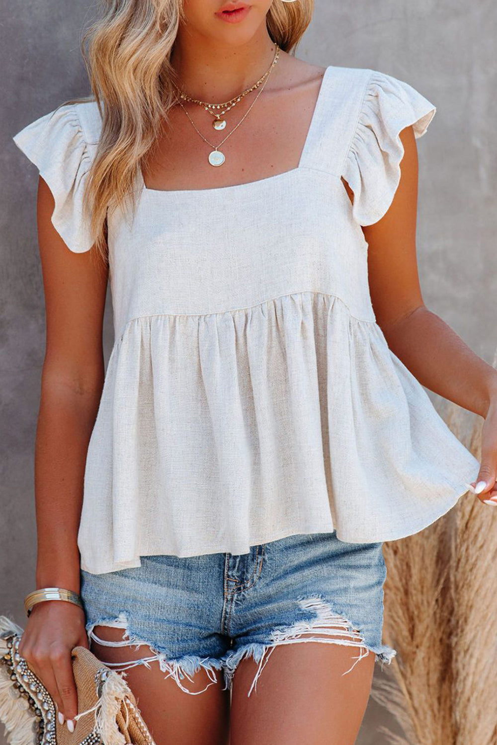 STUNNLY  Full Size Ruffled Square Neck Cap Sleeve Blouse   