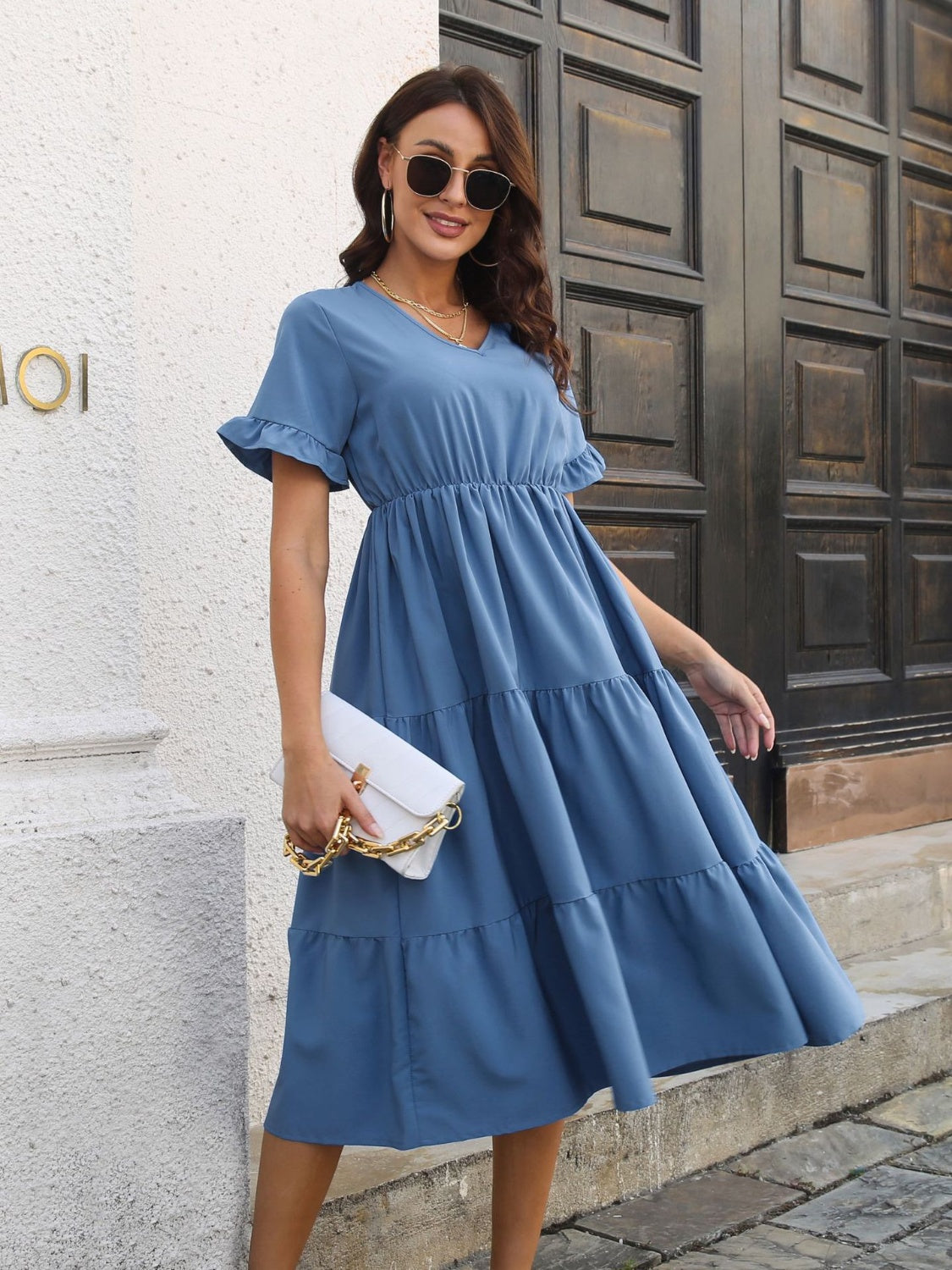 V-Neck Short Sleeve Midi Dress   