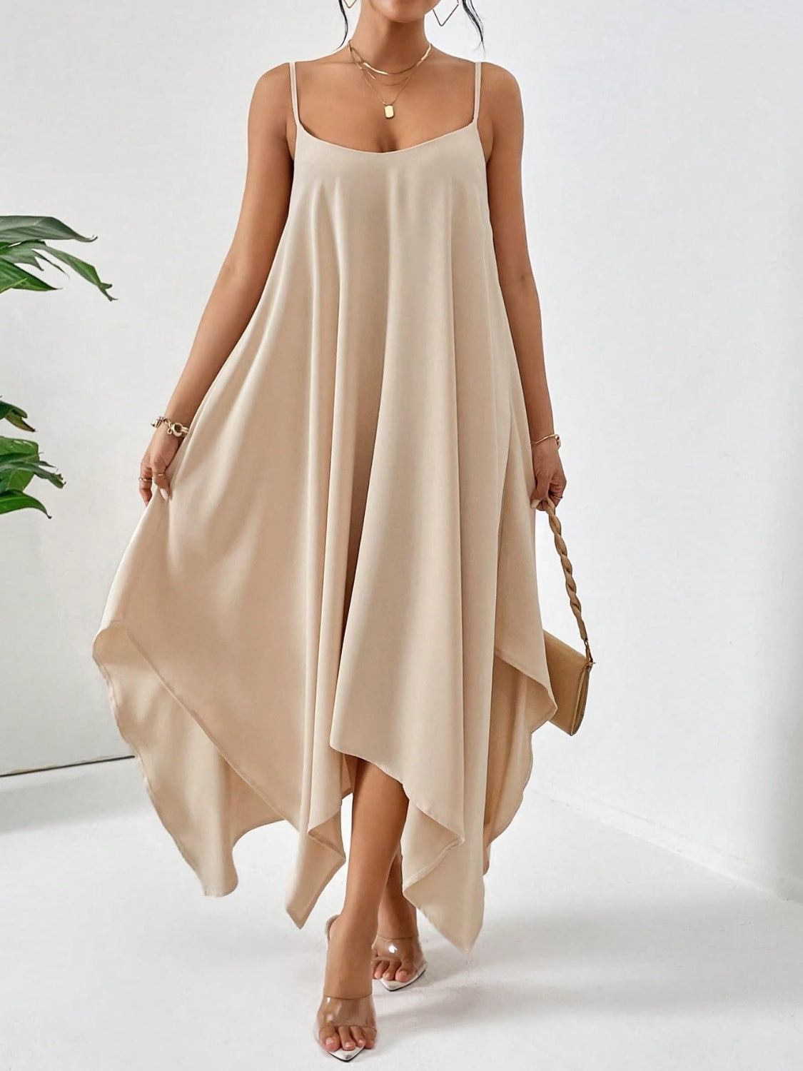 Scoop Neck Midi Cami Dress Tan S 