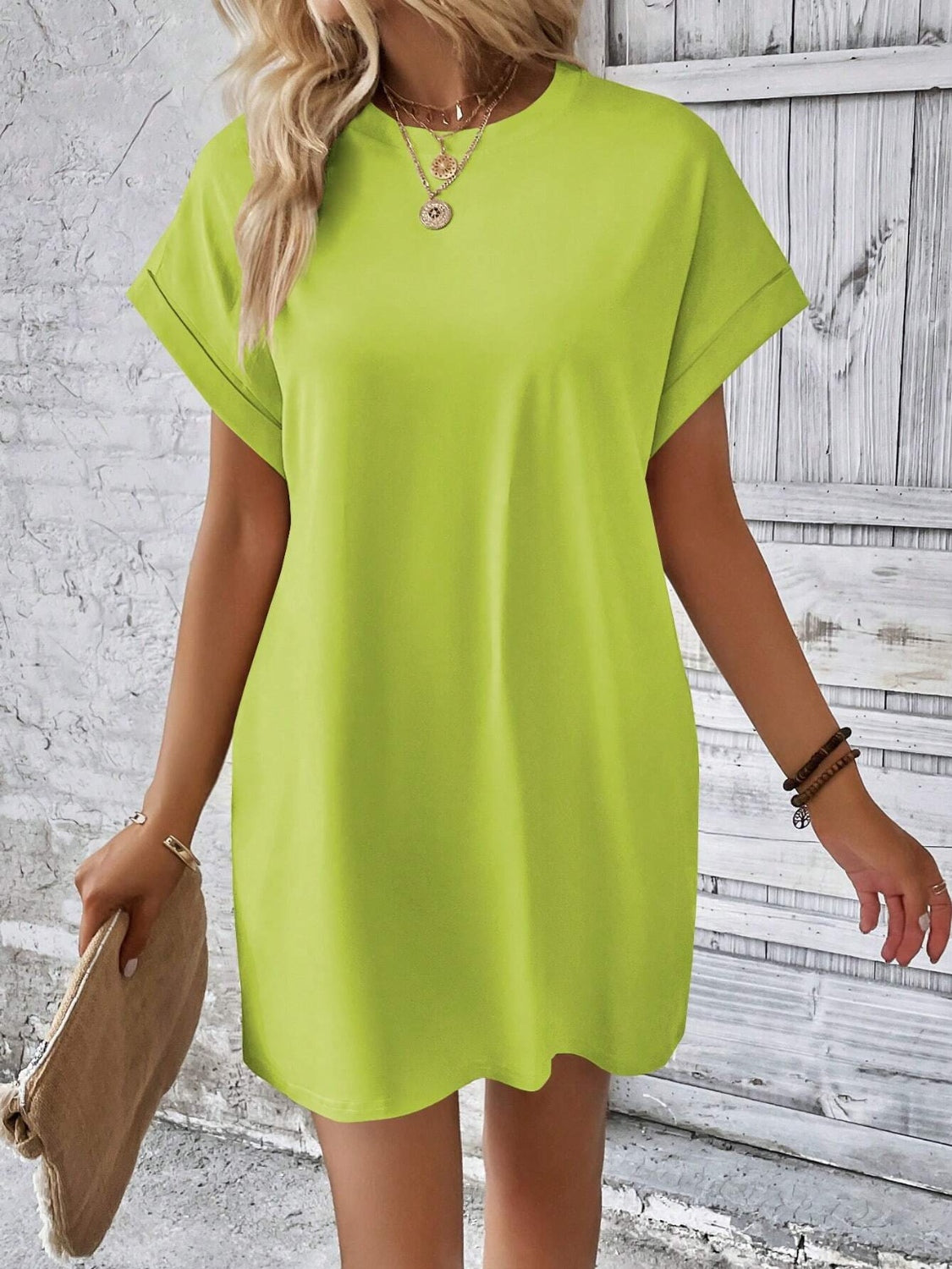 Round Neck Short Sleeve Mini Dress   