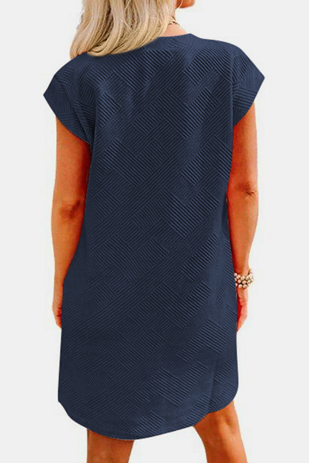 STUNNLY  Textured Round Neck Cap Sleeve Dress   